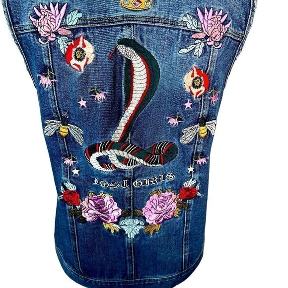Pac Sun Los Angeles Lost Girls Embroidered Snake And Flowers Denim Vest - Picture 8 of 9